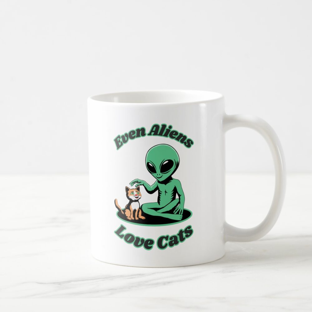 Cat and alien ceramic mug. Funny alien mug