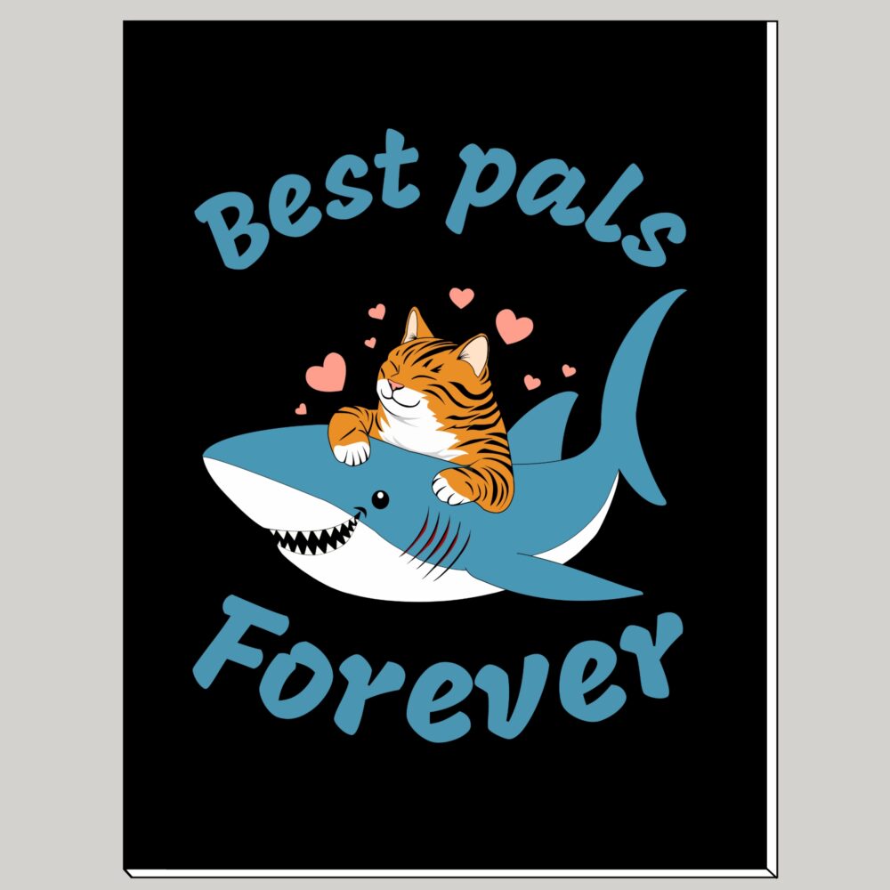 Cat with shark notebook. Cat and shark love notebook. Funny shark notebook.