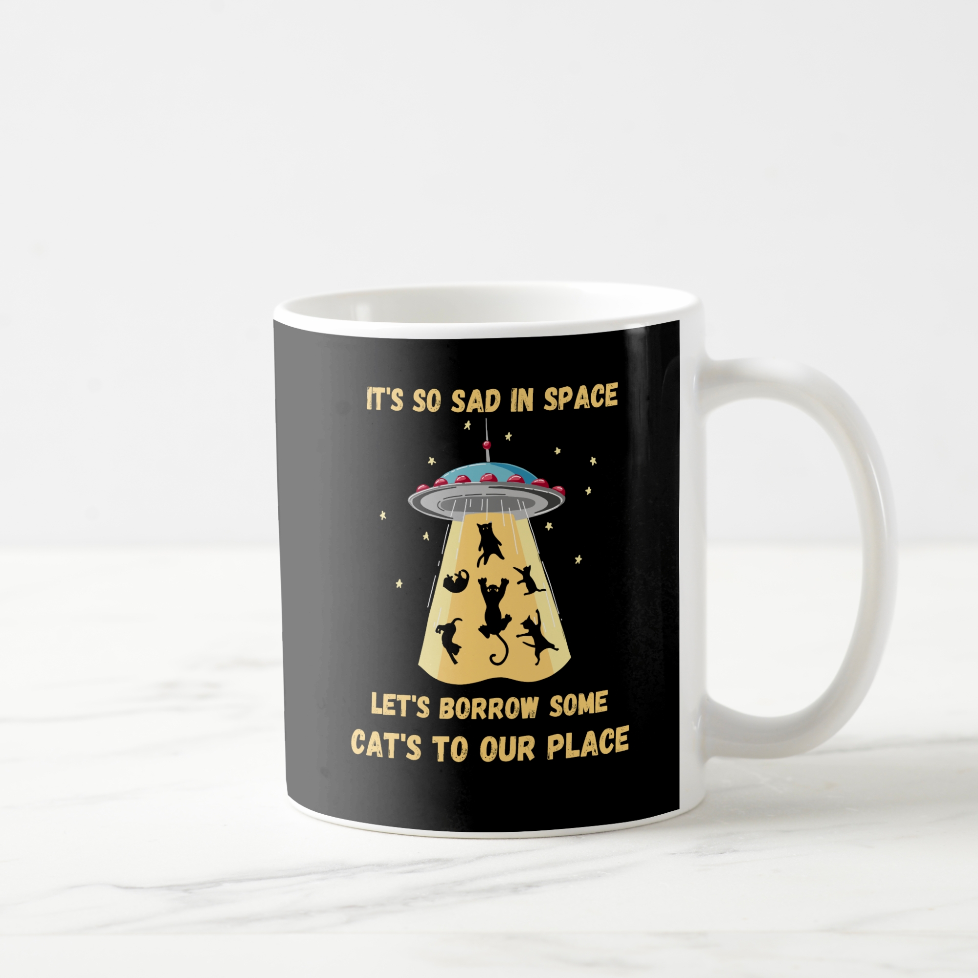 Space cats ceramic mug. UFO cats mug