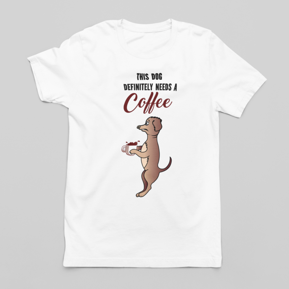 Funny dog men's T-shirt. Dog with coffee T-shirt.