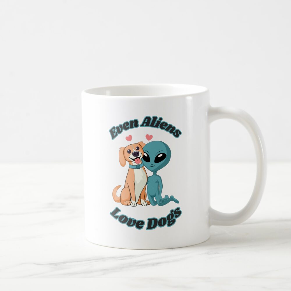 Dog and alien ceramic mug. Funny alien ceramic mug.