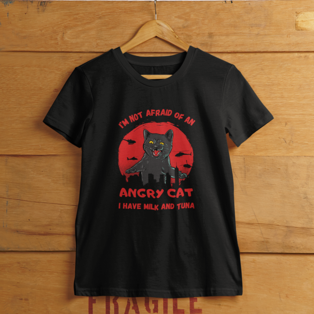 Evil cat women's t-shirt. Angry cat women's t-shirt. Catzilla women's t-shirt