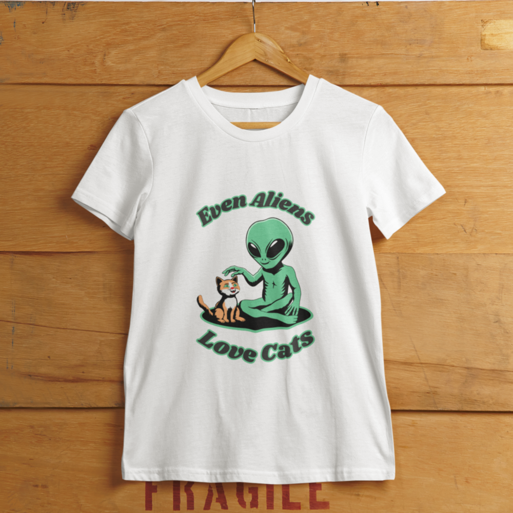 Adorable cat and alien women's T-shirt. Funny animal illustration on the T-shirt