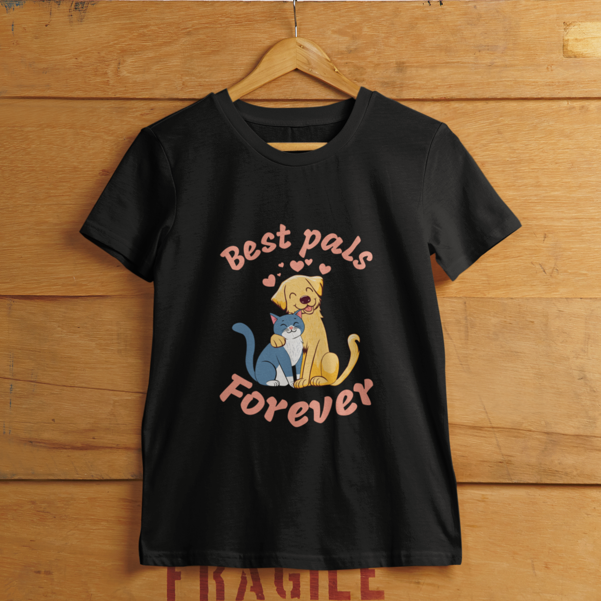Cute cat and dog hugging women's T-shirt. Cat and dog best friends T-shirt