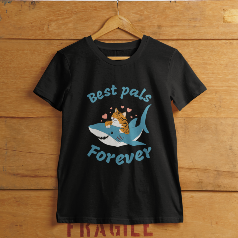 Cat and shark women's T-shirt. Adorable animal friends illustration on the T-shirt