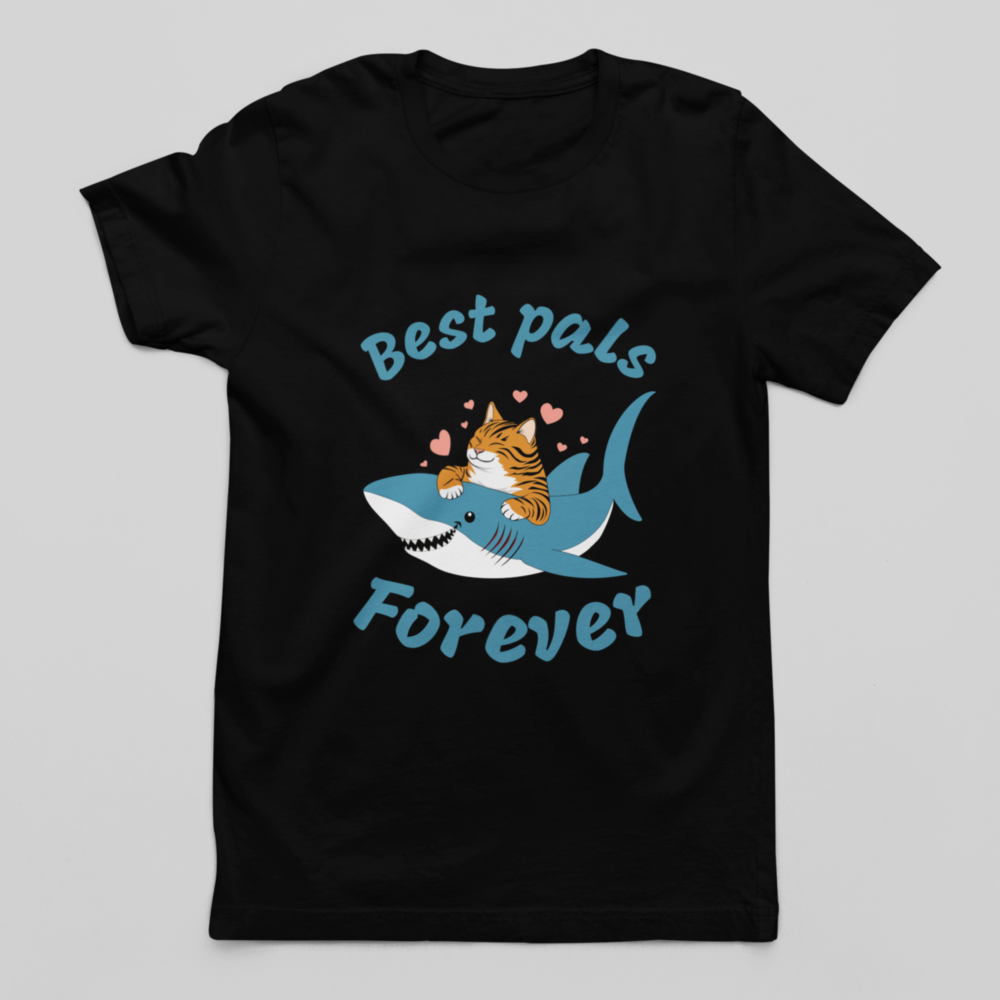 Cat and fish friendship men's T-shirt. T-shirt with a cat and shark friendship illustration