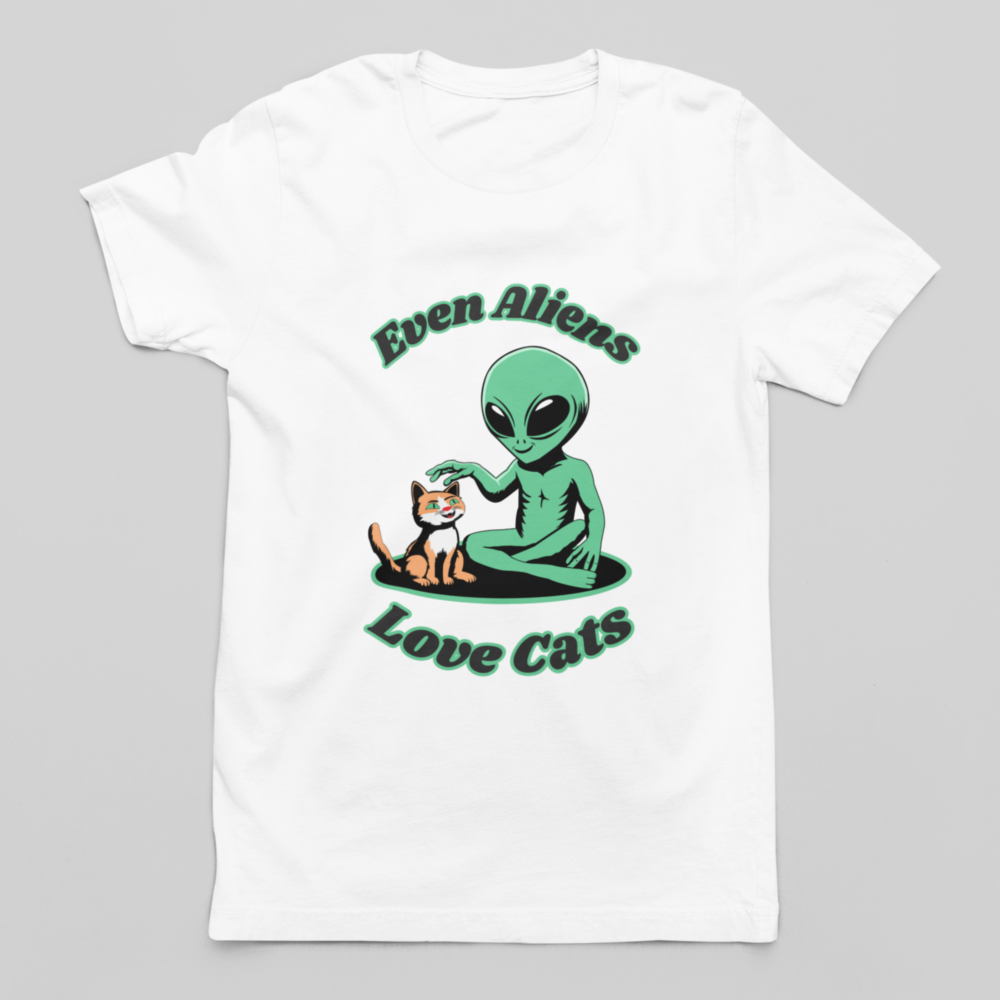 Kitty with an alien men's T-shirt. Adorable cat and alien friendship illustration on men's T-shirt