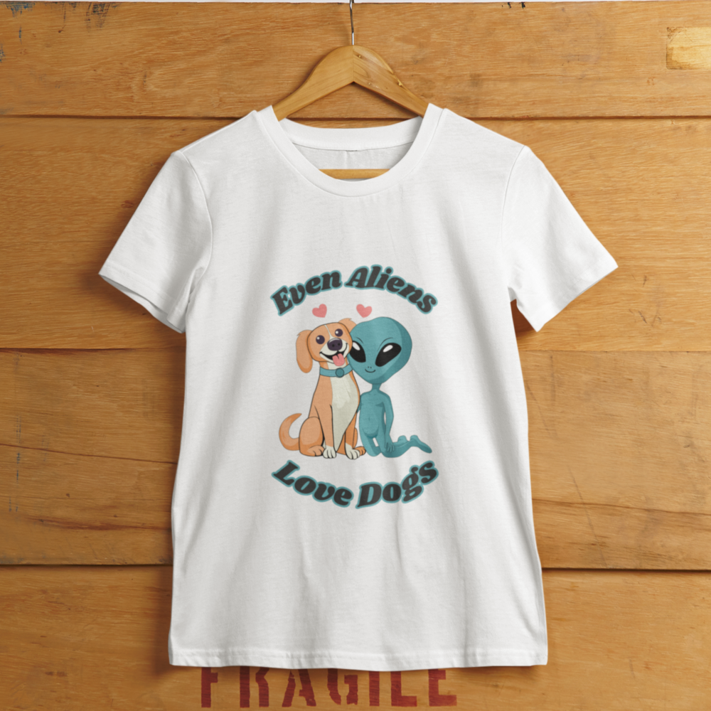 Adorable dog and alien women's T-shirt. Cute animal illustration on the T-shirt