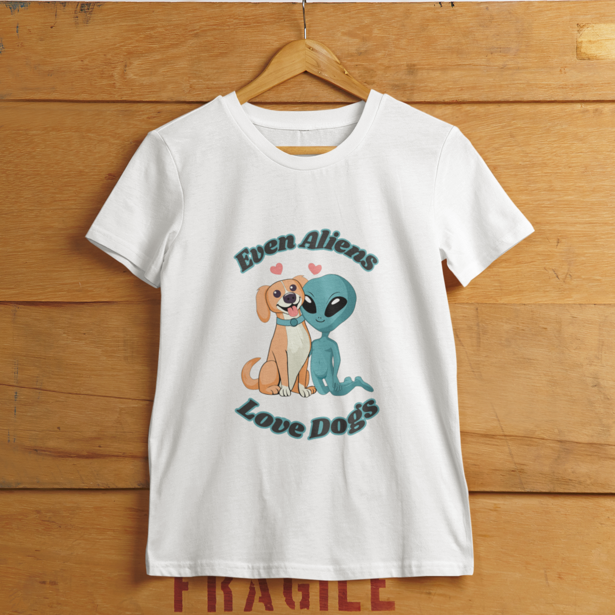 Adorable dog and alien women's T-shirt. Cute animal illustration on the T-shirt