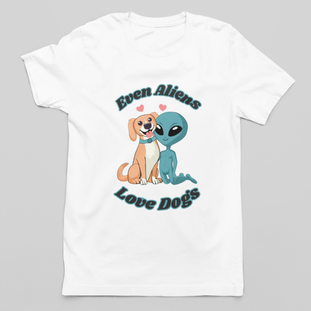 Funny dog and alien men's T-shirt. T-shirt with an adorable dog and alien friendship illustration
