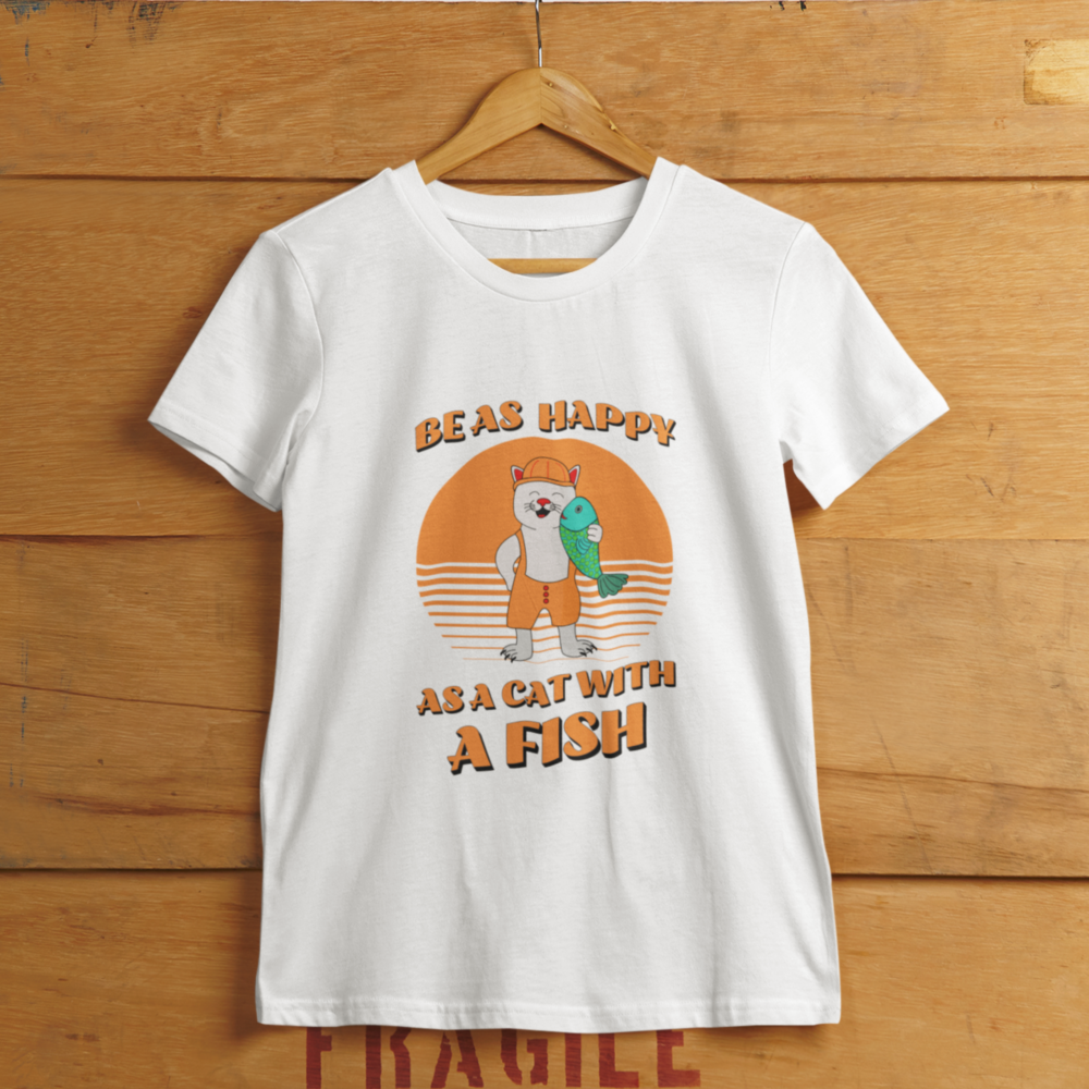 Women's t-shirt with a happy kitty illustration. Cute cat t-shirt for women
